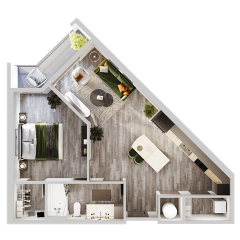 Floor plan for 1 bed, 1 bath, 715 sqft